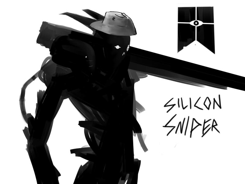 1boy armor blame! cable cosplay cyborg energy_gun greyscale gun hat horns male_focus monochrome parody plasma_rifle rifle silicon_creature_(blame!) sniper_(tf2) solo team_fortress_2 weapon