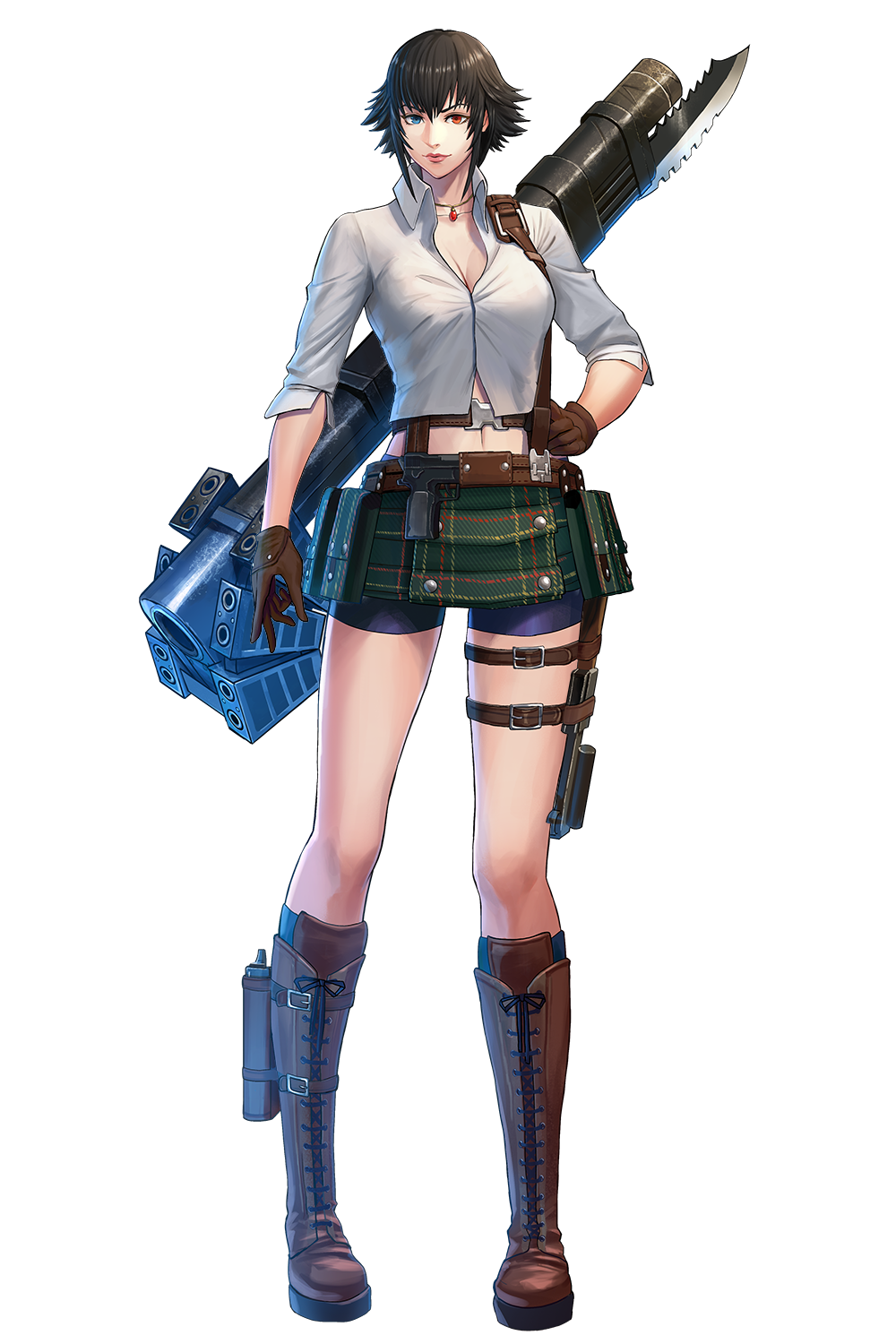 1girl bike_shorts black_hair boots brown_gloves devil_may_cry_(series) gloves green_eyes hand_on_own_hip heterochromia highres jewelry kalina_ann_(weapon) lady_(devil_may_cry) midriff necklace official_art red_eyes rocket_launcher sengoku_basara shirt thigh_strap third-party_source weapon white_shirt