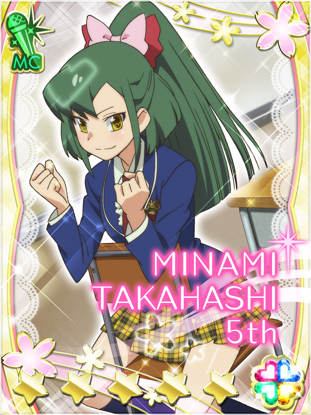 1girl akb0048 blazer blue_jacket blue_socks bow card_(medium) chair character_name classroom clenched_hands closed_mouth desk dutch_angle feet_out_of_frame ganbaru_pose green_hair heart high_ponytail indoors jacket kneehighs long_hair long_sleeves looking_at_viewer miniskirt necktie non-web_source official_art on_chair pink_bow plaid_clothes plaid_skirt pleated_skirt ponytail red_necktie school school_chair school_desk school_uniform shirt sitting sitting_backwards skirt smile socks solo sparkle star_(symbol) takahashi_minami_(akb0048) v-shaped_eyebrows white_shirt yellow_eyes yellow_skirt