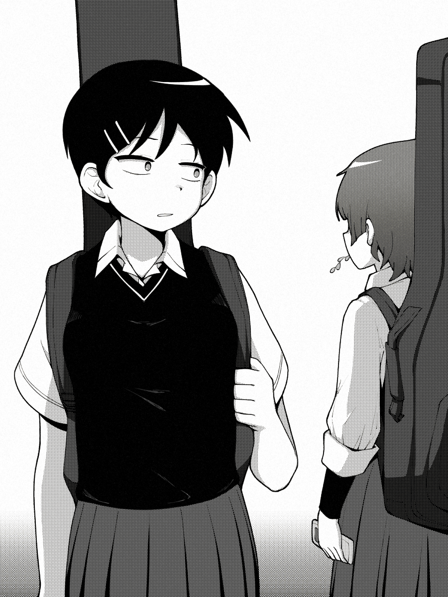 2girls bocchi_the_rock! chib0b collared_shirt cowboy_shot crossover from_behind futsuu_no_keion-bu greyscale guitar_case hair_ornament hairpin hashtag-only_commentary highres holding_strap instrument_case instrument_case_on_back instrument_connection kouyama_rin monochrome multiple_girls pixie_cut pleated_skirt school_uniform screentones shirt short_hair short_sleeves simple_background skirt sweater_vest swept_bangs trait_connection white_background wing_collar yamada_ryo