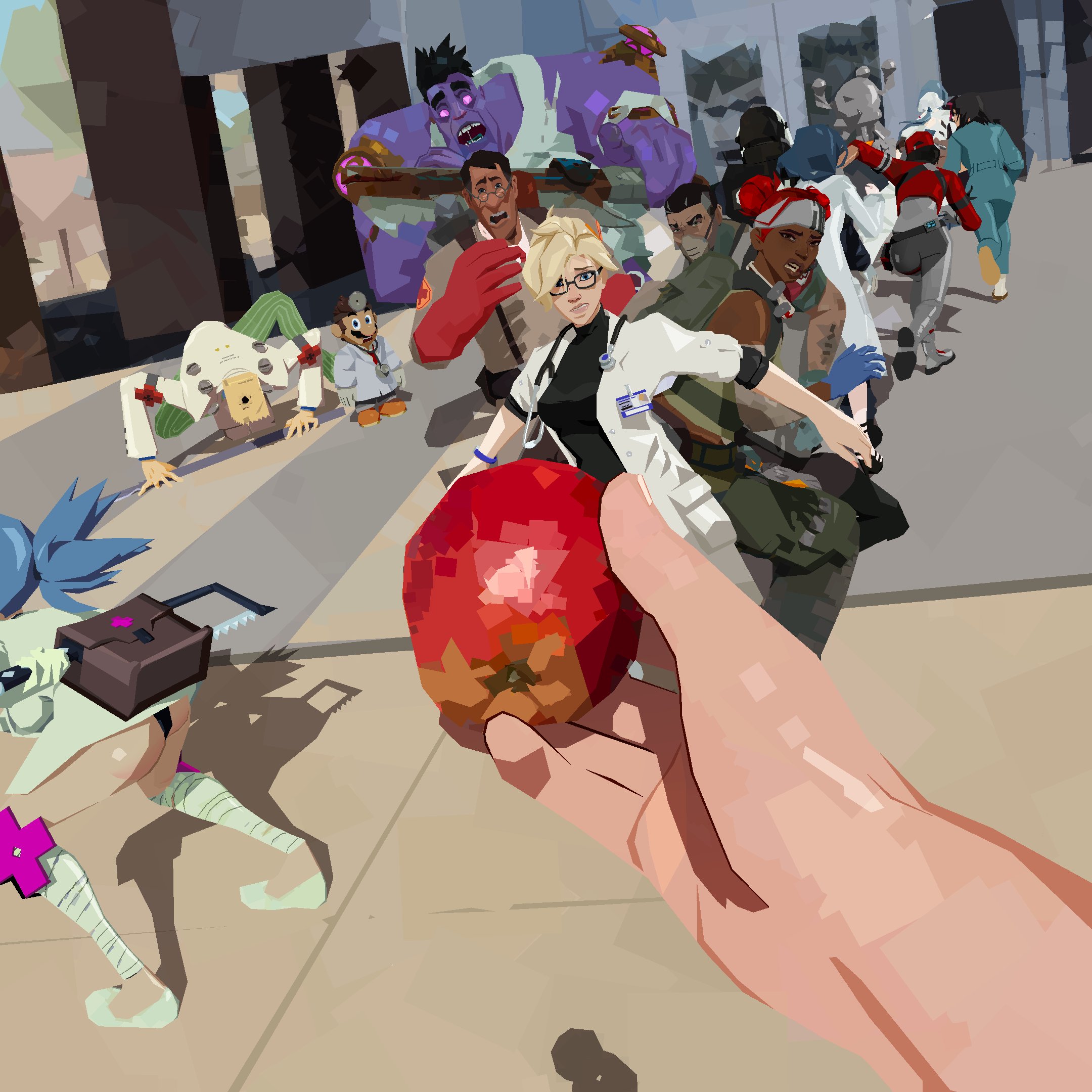 2gbram 6+boys 6+girls all_fours anya_(mouthwashing) apex_legends apple arknights ass bag_over_head bandaged_leg bandages black_hair black_panties blonde_hair blue_jumpsuit character_request coat colored_skin copyright_request crossover dark-skinned_female dark_skin doctor_(arknights) double_bun dr._mario dr._mario_(game) dr._mundo dr._ziegler_(overwatch) fallout fallout:_new_vegas faust_(guilty_gear) food fortnite from_behind fruit furrowed_brow glasses gloves guilty_gear guilty_gear_xrd hacksaw hair_bun hand_up headband highres id_card jacket jumpsuit lab_coat league_of_legends lifeline_(apex_legends) mario mario_(series) medic_(tf2) mercy_(overwatch) mister_orderly mouthwashing multiple_boys multiple_crossover multiple_girls nintendo open_mouth outdoors overwatch panties photo-referenced pointing pointing_at_viewer pov pov_hands purple_skin red_gloves red_hair red_jacket red_medic_(tf2) remedy_(fortnite) running saw scared short_sleeves skullgirls standing stethoscope_around_neck surprised team_fortress_2 trait_connection underwear valentine_(skullgirls) white_coat white_headband