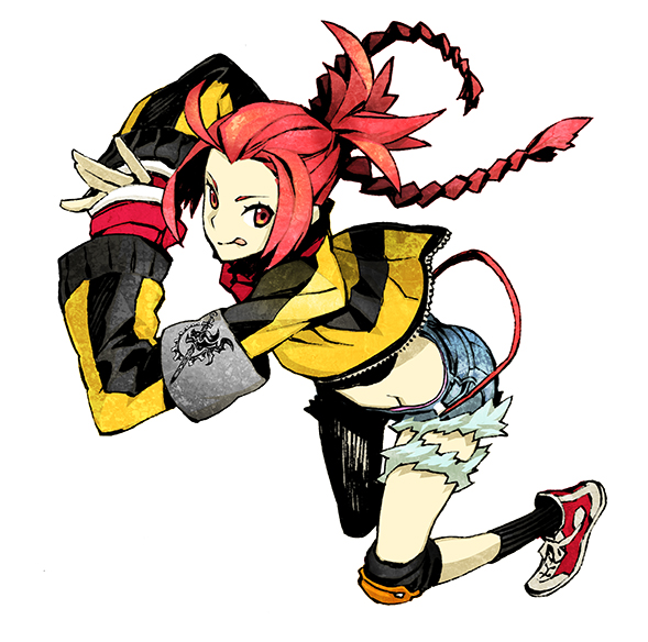 1girl 7th_dragon_(series) 7th_dragon_2020 :q armband braid destroyer_(7th_dragon_2020) female_focus full_body jacket knee_pads long_hair looking_at_viewer midriff miwa_shirow nishimura_haru_(7th_dragon) own_hands_together red_eyes red_hair shoes short_shorts shorts sneakers solo tongue tongue_out twin_braids white_background