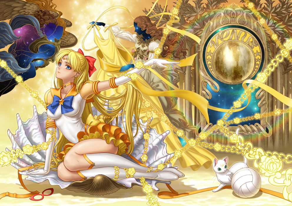 4girls aino_minako angel angel_wings art_nouveau artemis_(sailor_moon) ball bishoujo_senshi_sailor_moon bishoujo_senshi_sailor_moon_stars blonde_hair blue_eyes bow brooch cat chain character_name choker collarbone crescent crescent_facial_mark crescent_moon dress eclosion elbow_gloves facial_mark fine_art_parody flower forehead_mark gloves hair_bow impossible_clothes jewelry long_hair looking_at_viewer magical_girl mask moon multiple_girls orange_background orange_skirt outstretched_arm parody red_bow ribbon sailor_venus seashell shell sitting skirt solo_focus star_(symbol) star_brooch super_sailor_venus super_sailor_venus_(stars) the_birth_of_venus tiara volleyball_(object) white_cat white_gloves wings yellow_dress