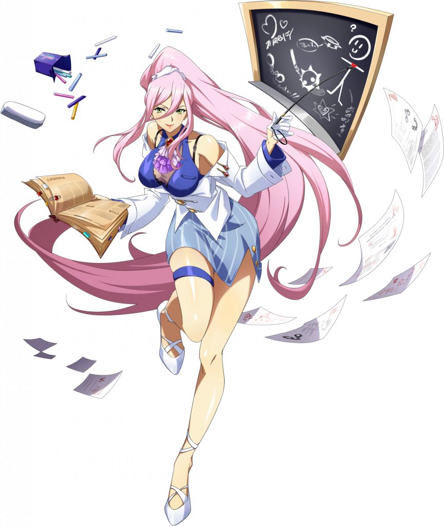 1girl ascot bare_shoulders blue_shirt blue_skirt board_eraser book bra_strap breasts brooch buttons chalk chalk_drawing chalkboard cleavage closed_mouth floating floating_hair floating_object flying_paper full_body game_cg gloves green_eyes hair_between_eyes hair_ornament hair_scrunchie half_gloves high_heels high_ponytail hilda_(langrisser) holding holding_book holding_pointer jacket jacket_partially_removed jewelry langrisser langrisser_mobile langrisser_re:incarnation large_breasts leg_up legs long_hair long_sidelocks looking_at_viewer miniskirt official_alternate_costume official_art paper papers pencil_skirt pointer ponytail pumps purple_ascot scrunchie see-through_cleavage see-through_clothes shirt shoes side_slit sidelocks simple_background skirt smile solo standing standing_on_one_leg striped_clothes striped_skirt tachi-e teacher thigh_strap third-party_source too_many_papers transparent_background vertical-striped_clothes vertical-striped_skirt very_long_hair white_gloves white_jacket white_shoes
