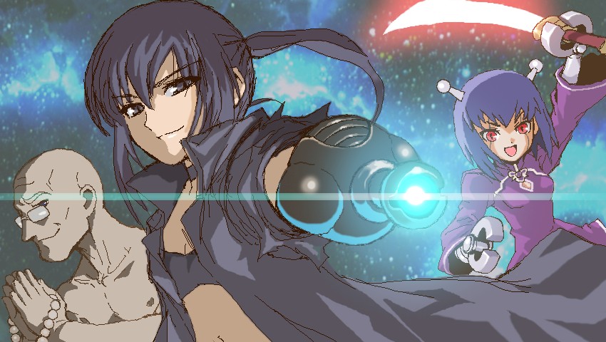 1boy 2girls 428 428:_fuusa_sareta_shibuya_de alphard_(canaan) arm_cannon bald black_hair blue_hair canaan_(series) china_dress chinese_clothes chunsoft cummings dao_(weapon) dress droid360 energy_sword glasses grey_eyes gun kaneko_shin&#039;ya liang_qi long_coat midriff multiple_girls parody ponytail prosthesis psychogun red_eyes robot space_adventure_cobra sword weapon