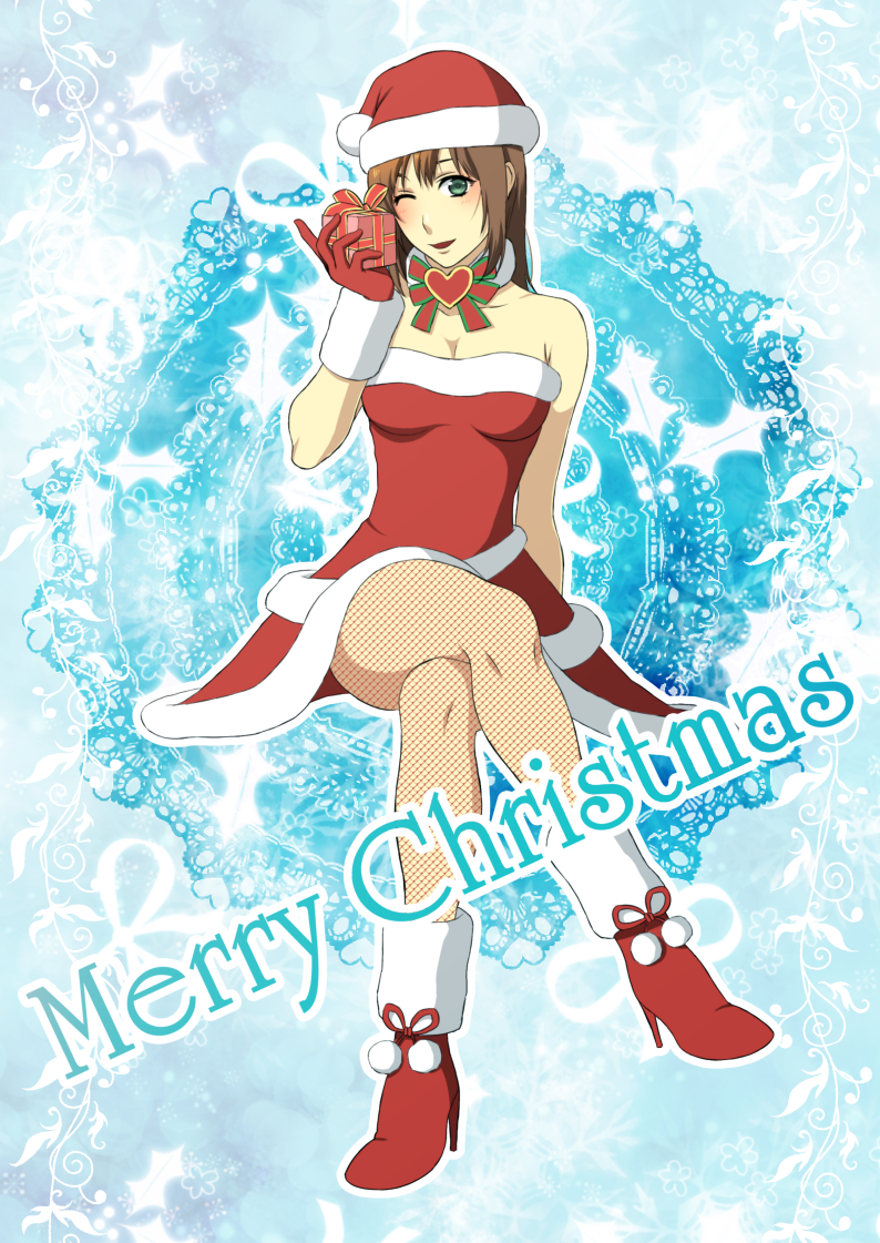 bare_shoulders box breasts brown_hair cleavage collar crossed_legs dress english_text fishnet_pantyhose fishnets fur_trim gift gift_box green_eyes hat heart high_heels holding holding_gift legs medium_breasts medium_hair merry_christmas one_eye_closed pantyhose protagonist_(sengoku_musou_chronicle) red_dress ribbon_collar santa_costume santa_dress santa_hat sengoku_musou sengoku_musou_chronicle sitting wink