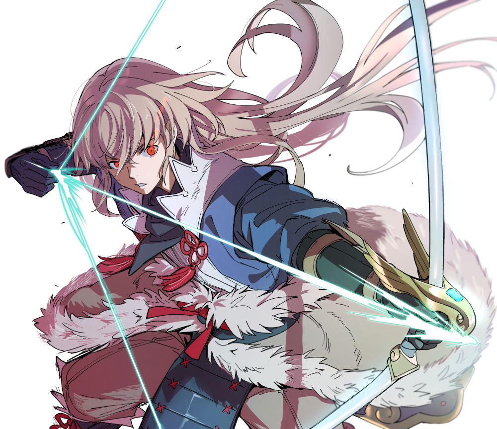 1boy aiming dark_persona fire_emblem fire_emblem_fates fujin_yumi_(fire_emblem) gloves grey_hair japanese_clothes long_hair male_focus nintendo ponytail red_eyes solo takumi_(empty_vessel)_(fire_emblem) takumi_(fire_emblem) taromarun yumi_(bow)