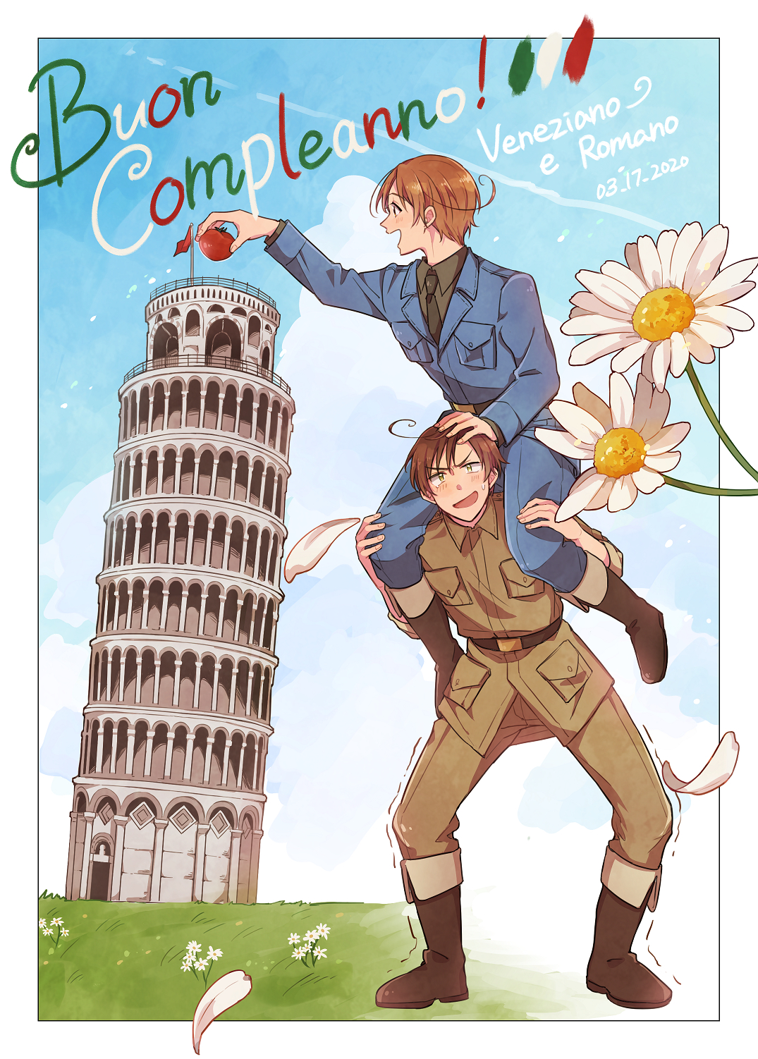 2boys ahoge arm_up axis_powers_hetalia belt black_necktie blue_jacket blue_pants blue_sky blush boots border breast_pocket brothers brown_belt brown_boots brown_hair brown_jacket brown_pants carrying character_name cloud cloudy_sky collared_jacket collared_shirt commentary_request dated day flower food full_body grass green_eyes grey_shirt hand_on_another's_head highres holding holding_food holding_vegetable italian_text jacket lapels leaning_tower_of_pisa long_sleeves looking_at_another looking_at_object looking_up military_jacket military_uniform multiple_boys nbsr necktie northern_italy_(hetalia) open_mouth outdoors pants parted_bangs petals piggyback pocket red_flag shirt short_hair siblings sky sleeves_rolled_up smile southern_italy_(hetalia) standing sweatdrop tomato trembling twins v-shaped_eyebrows vegetable white_border white_flower