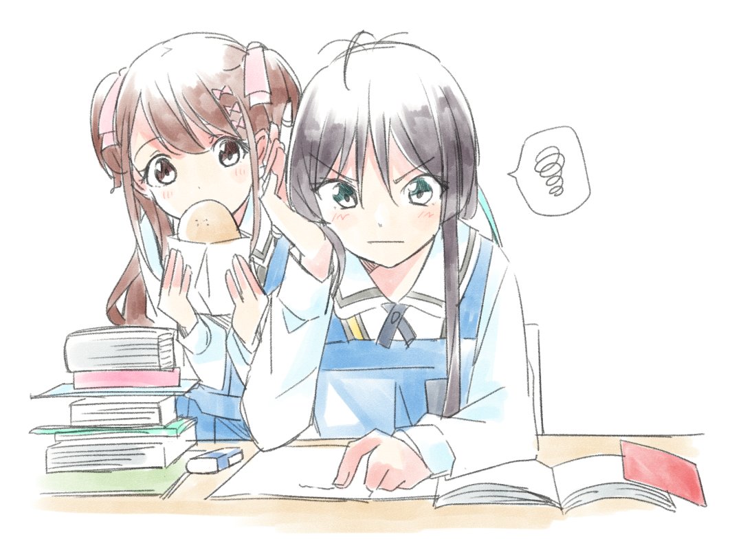 22/7 2girls arm_on_table black_hair blue_dress book bow brown_eyes brown_hair closed_mouth collared_shirt dress eating elbow_on_table eraser fanged_bangs food green_eyes hair_bow hair_ornament hand_on_own_cheek hand_on_own_face holding holding_food long_hair long_sleeves looking_down multiple_girls notebook open_book pink_bow school_emblem school_uniform sera_honoka shirt sidelocks simple_background spoken_squiggle squiggle studying trefle_r two_side_up upper_body v-shaped_eyebrows white_background white_shirt yagami_toa
