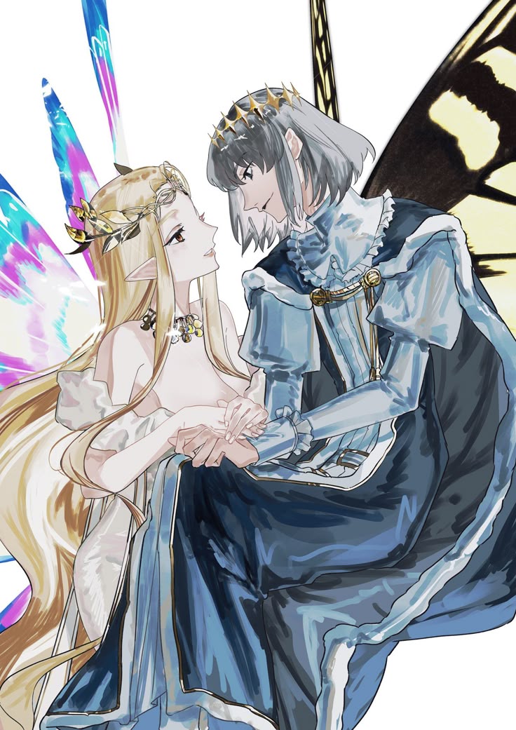 artist_request aurora_(fate) blonde_hair brown_eyes butterfly_wings fate/grand_order fate_(series) hair_between_eyes insect_wings long_hair non-web_source oberon_(fate) oberon_(first_ascension)_(fate) short_hair smile wings