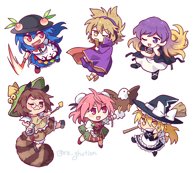 6+girls :3 :d ;3 ;d animal animal_ears antinomy_of_common_flowers apron arm_up bald_eagle bandaged_arm bandages beads bell bird black_footwear black_headwear blonde_hair bloomers blue_hair blush_stickers bow bowtie broom brown_eyes brown_hair brown_tail bun_cover cape chain chibi covered_mouth cross-laced_footwear cuffs double_bun dress eagle earmuffs floating_hair flower frills full_body futatsuiwa_mamizou glasses gourd gradient_hair green_headwear grin hair_behind_ear hair_between_eyes hair_bow hair_bun hand_on_own_cheek hand_on_own_face hand_on_own_hip hand_up hat hat_bow hat_ornament hijiri_byakuren hinanawi_tenshi holding holding_broom holding_smoking_pipe holding_weapon ibaraki_kasen jingle_bell jitome kirisame_marisa kiseru leaf_hat_ornament light_brown_hair long_hair looking_at_viewer looking_up multicolored_hair multiple_girls no_nose okobo one_eye_closed open_mouth peach_hat_ornament pince-nez pink_flower pink_hair pink_rose platform_sandals pointy_hair popped_collar prayer_beads puffy_short_sleeves puffy_sleeves purple_cape purple_eyes purple_hair raccoon_ears raccoon_girl raccoon_tail rainbow_order re_ghotion red_bow red_bowtie red_eyes ritual_baton rose round_eyewear sandals shackles shoes short_hair short_sleeves simple_background smile smoking_pipe striped_tail swept_bangs sword_of_hisou tabard tail touhou toyosatomimi_no_miko twitter_username underwear v-shaped_eyebrows waist_apron weapon white_apron white_background white_bloomers white_bow white_dress witch witch_hat yellow_eyes yellow_shoes