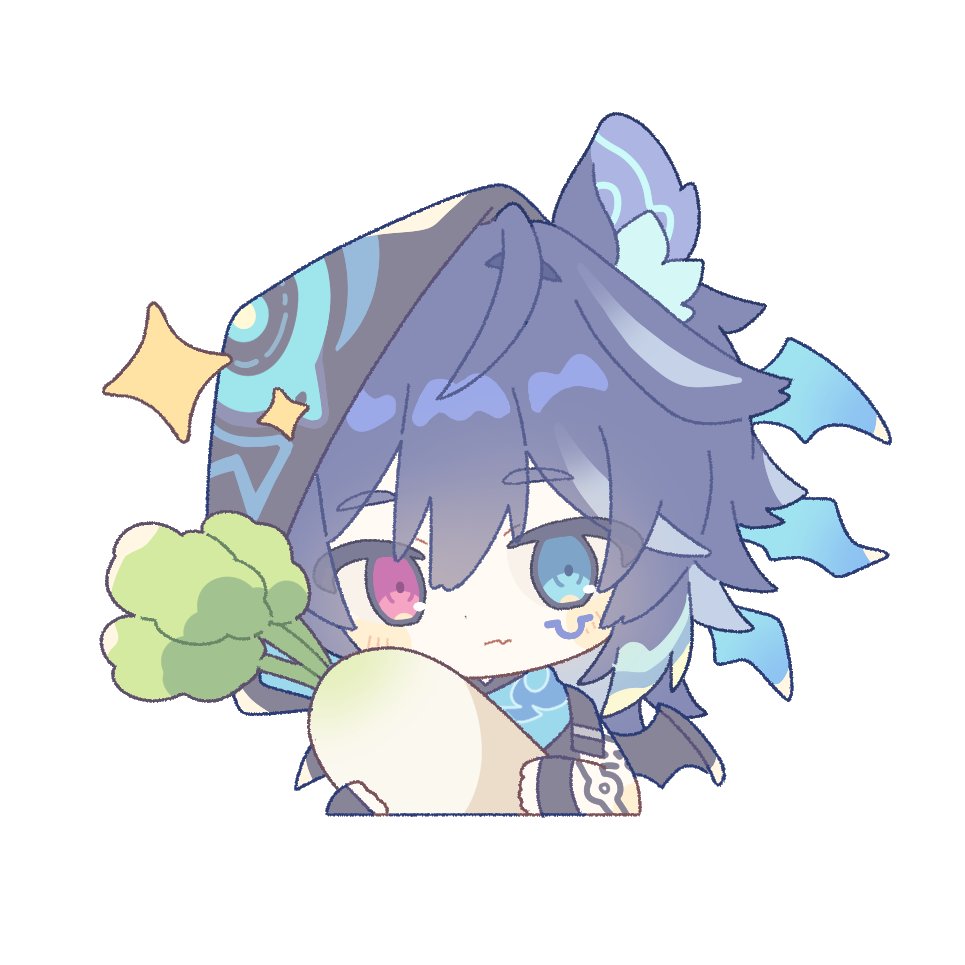 1boy animal_ear_fluff animal_ears bat_wings blue_hair body_markings chibi closed_mouth commentary_request daikon dark_blue_hair facial_mark food genshin_impact heterochromia holding holding_food holding_vegetable hood hood_up jitome komano_shia looking_at_food male_focus ororon_(genshin_impact) radish simple_background solo sparkle vegetable wavy_mouth white_background wings