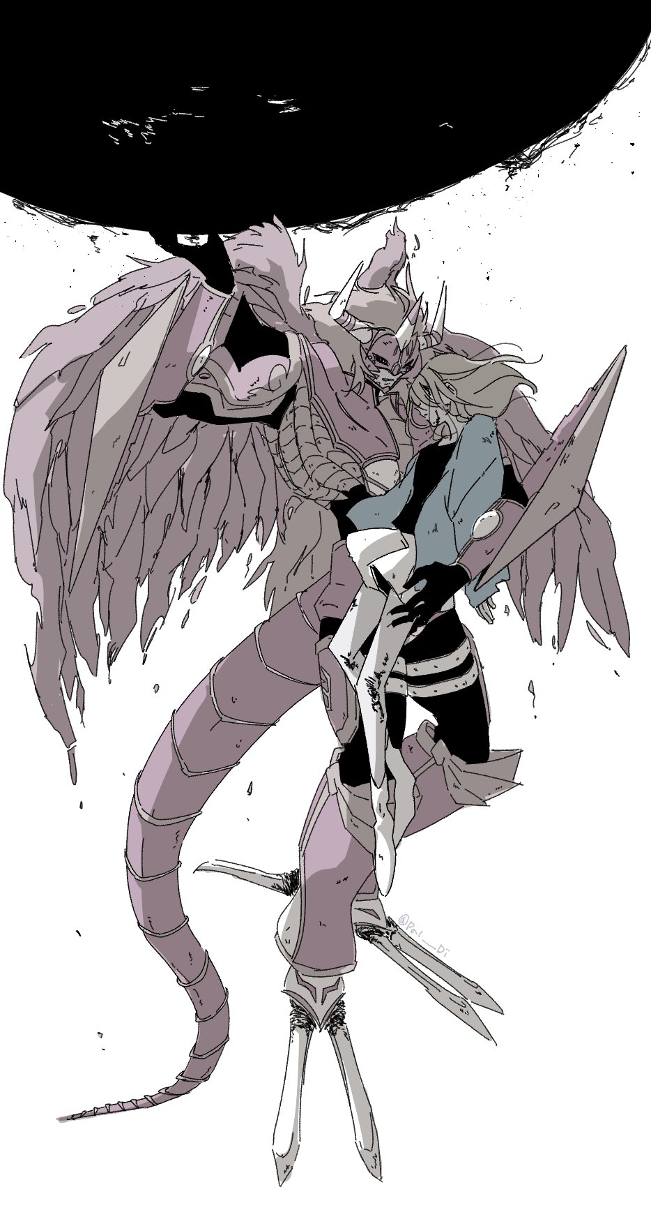 aldamon armor digimon digimon_(creature) highres looking_at_another original tail wings