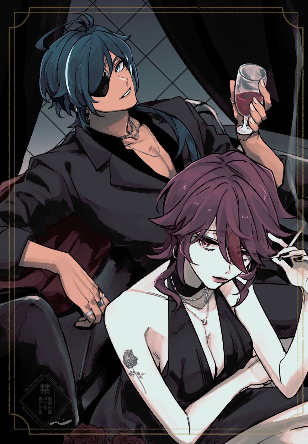 1boy 1girl alcohol alternate_costume arm_tattoo black_dress black_nails black_shirt blue_eyes blue_hair breasts cigarette cleavage cup dress drinking_glass earrings eyepatch flower_tattoo genshin_impact hair_between_eyes hair_over_one_eye highres holding holding_cigarette holding_cup jewelry kaeya_(genshin_impact) lips lipstick looking_at_viewer makeup medium_breasts multiple_rings necklace nendo_(n) pale_skin red_hair ring rosaria_(genshin_impact) shirt sitting sleeveless sleeveless_dress smoke smoking tattoo wine wine_glass