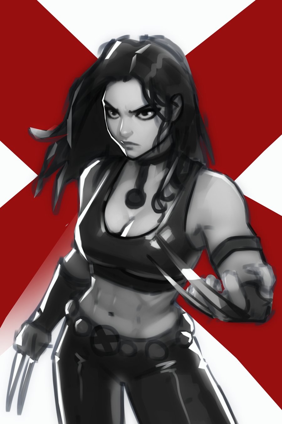 1girl animification black_hair breasts choker claws cleavage fingerless_gloves gloves highres long_hair looking_at_viewer maebiel marvel marvel_vs._capcom marvel_vs._capcom_3 medium_breasts midriff navel solo weapon x-23 x-men