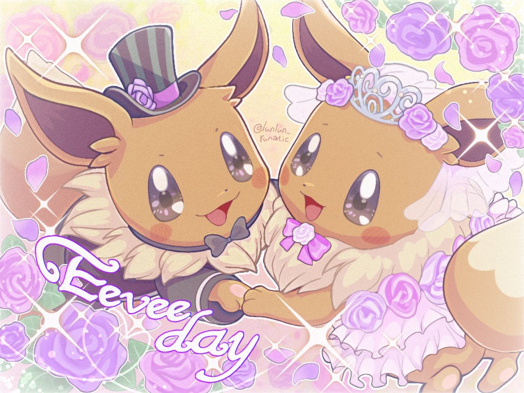 animal_focus blush bow bridal_veil bright_pupils brown_eyes dress eevee eevee_(fancy_dress) eevee_(fancy_tux) flower gen_1_pokemon hat looking_at_viewer nintendo no_humans open_mouth petals pokemon pokemon_(creature) pokemon_cafe_remix rose runachikku smile tiara top_hat tuxedo veil wedding wedding_dress white_pupils