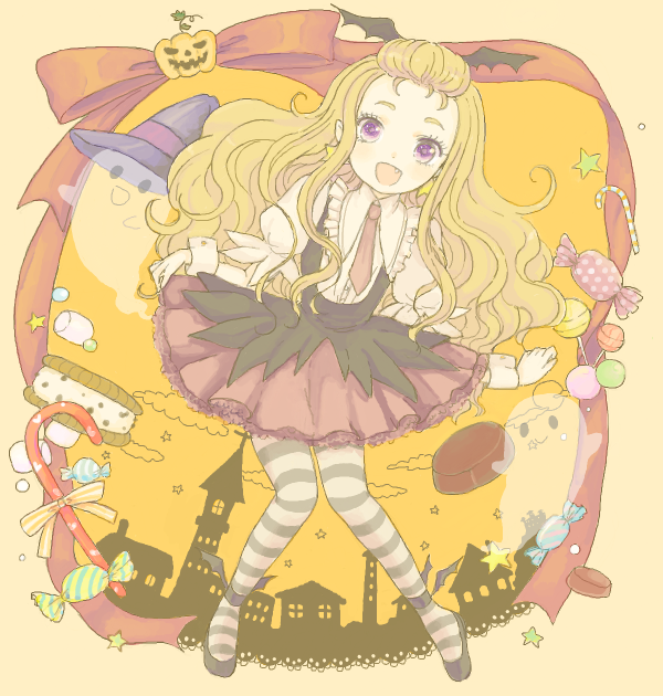 1girl :d bad_drawr_id bad_id black_vest blonde_hair border bow brown_necktie brown_skirt building candy candy_cane character_request chimney chocolate cloud copyright_request cross curly_hair curtsey dress fang flats food frilled_shirt_collar frilled_skirt frills full_body ghost grey_footwear grey_thighhighs hair_bun halloween hat heart heart_print ice_cream ice_cream_sandwich jack-o&#039;-lantern long_hair looking_at_viewer necktie oekaki open_mouth orange_background orange_bow orange_sky puffy_short_sleeves puffy_sleeves purple_eyes short_sleeves sidelocks single_hair_bun skirt skirt_hold sky smile solo standing star_(symbol) striped_bow striped_clothes striped_thighhighs thighhighs tower vest white_dress window witch_hat wrapped_candy yellow_border yuu_(drawr)