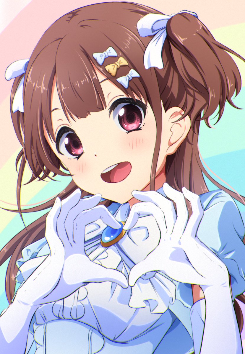1girl 22/7 :d bow brown_eyes brown_hair close-up dress elbow_gloves gloves hair_bow hair_ornament heart heart_hands highres igashiko long_hair looking_at_viewer multicolored_dress open_mouth rainbow_background sera_honoka short_sleeves smile solo teeth three_quarter_view two_side_up upper_body upper_teeth_only white_bow white_gloves