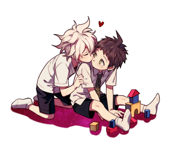 2boys aged_down ahoge arm_support black_shorts brown_hair closed_eyes collared_shirt commentary_request danganronpa_(series) danganronpa_2:_goodbye_despair dg_xhs full_body green_necktie grey_hair hair_between_eyes heart hinata_hajime kiss kissing_cheek kneeling komaeda_nagito looking_at_another looking_back male_focus messy_hair multiple_boys necktie no_shoes shirt short_hair short_sleeves shorts sitting socks toy_block white_shirt white_socks yaoi