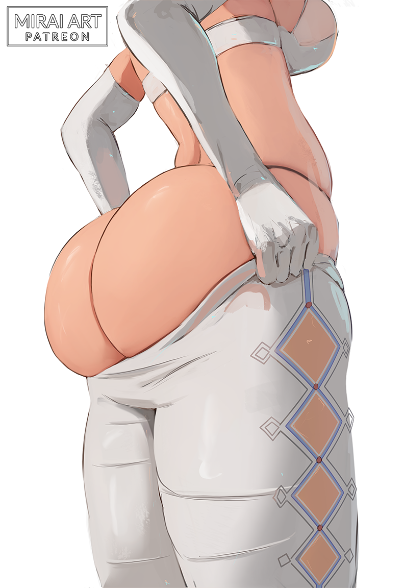 1girl ass ass_focus ass_support bra breasts elbow_gloves female_focus genshin_impact gloves huge_ass inconvenient_ass jean_(genshin_impact) large_breasts lower_body mirai_hikari panties pants solo standing strapless strapless_bra thighs tight_clothes tight_pants underwear white_background white_bra white_gloves white_pants