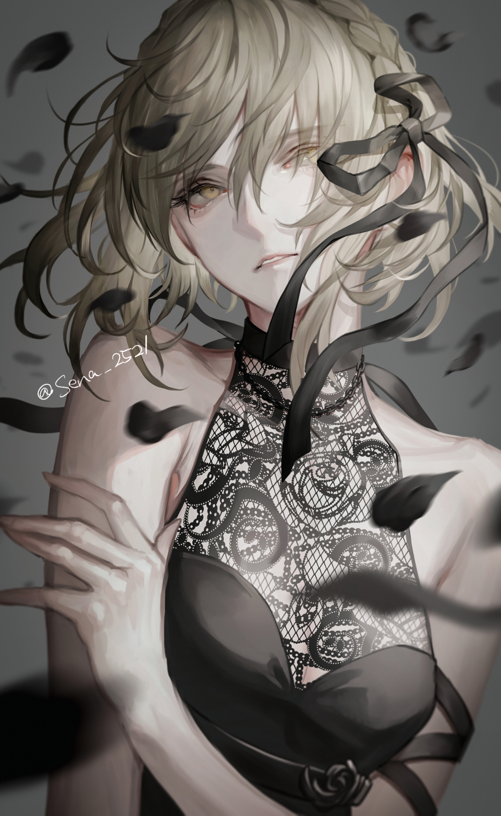 1girl bare_shoulders black_petals blonde_hair dress hair_ribbon highres original parted_lips ribbon senano-yu short_hair sleeveless sleeveless_dress solo twitter_username upper_body yellow_eyes