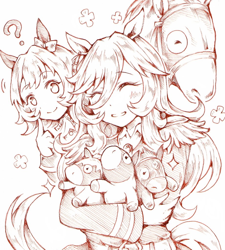 2girls ? animal_ears bow bridle character_request closed_eyes commentary_request creature_and_personification curren_chan_(racehorse) curren_chan_(umamusume) ear_bow ear_covers earrings epaulettes finger_to_cheek garyuu_ryuuga hair_between_eyes hood horse horse_ears horse_girl horse_tail jewelry kurofune_(racehorse) long_hair long_sleeves medium_hair military_uniform multiple_girls naval_uniform perry_steam_(umamusume) personification real_life sepia single_earring sodashi_(racehorse) stuffed_animal stuffed_horse stuffed_toy tail umamusume umamusume:_beginning_of_a_new_era upper_body