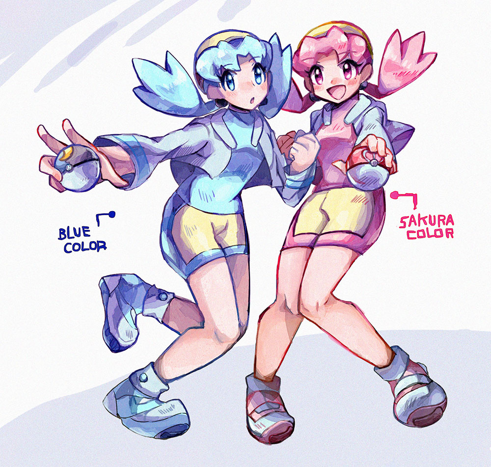 2girls :d :o alternate_color anidler91 blue_eyes blue_hair blue_shirt blue_shorts clenched_hand cropped_jacket dual_persona hat holding holding_poke_ball jacket kris_(pokemon) long_hair long_sleeves love_ball moon_ball multiple_girls nintendo open_clothes open_jacket open_mouth outstretched_arm pink_eyes pink_hair pink_shirt pink_shorts poke_ball pokemon pokemon_gsc shirt shoes shorts smile twintails two-tone_shorts white_jacket yellow_hat yellow_shorts