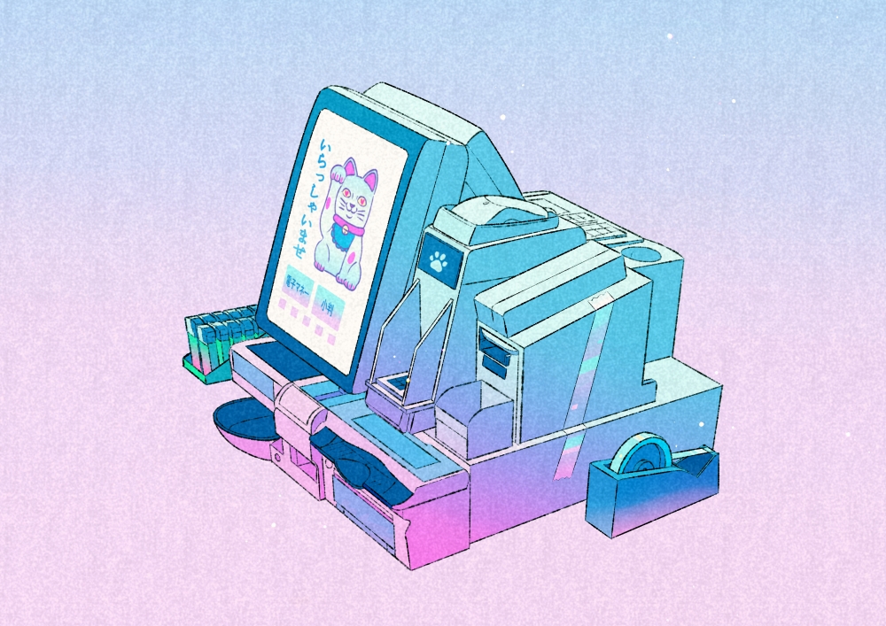 blue_background cash_register gradient_background lighter neon_palette no_humans object_focus original pink_background tape wacca005