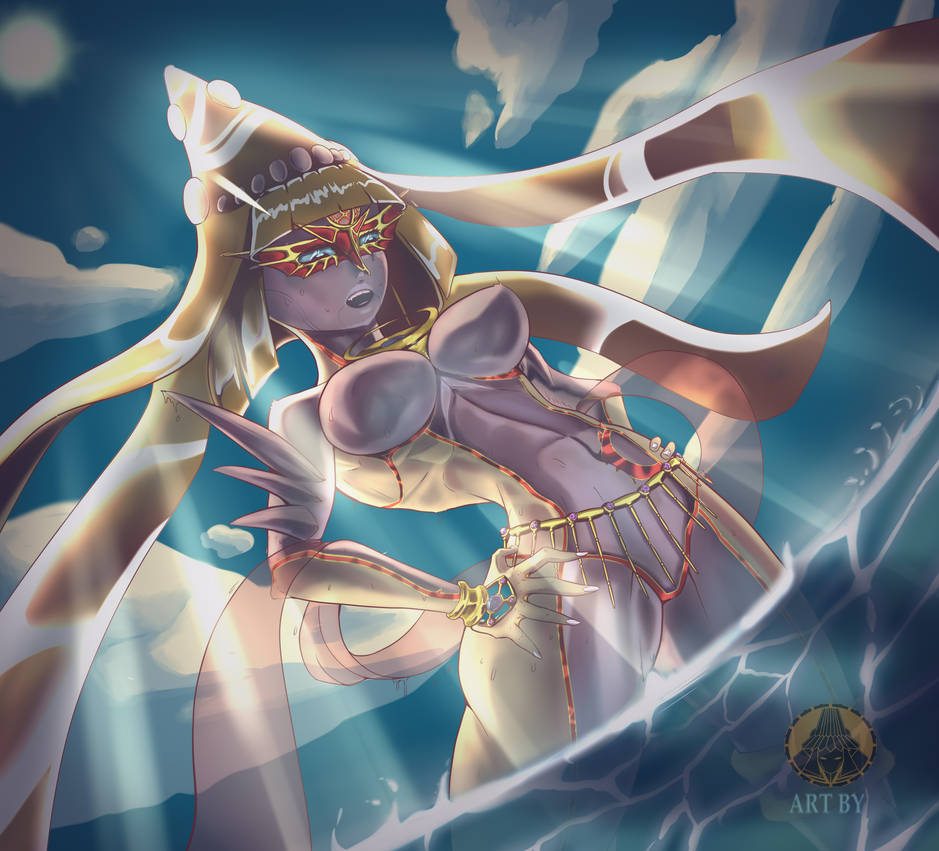 1girl absurdly_long_hair bayonetta_(series) blonde_hair blue_eyes breasts divine_being giant giantess jubileus_(bayonetta) large_breasts long_hair mask non-web_source ocean rinkamearii very_long_hair