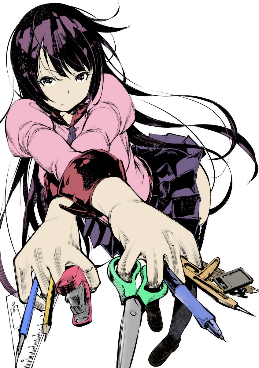 1girl bakemonogatari between_fingers boxcutter closed_mouth colorized fukushima_masayasu gloves highres holding holding_boxcutter holding_pencil holding_scissors long_hair looking_at_viewer maelzyx mechanical_pencil monogatari_(series) multiple_wielding naoetsu_high_school_uniform pantyhose pencil pink_shirt pleated_skirt ruler school_uniform scissors senjougahara_hitagi set_square shirt skirt solo stapler thighhighs thighs third-party_edit very_long_hair white_gloves zettai_ryouiki
