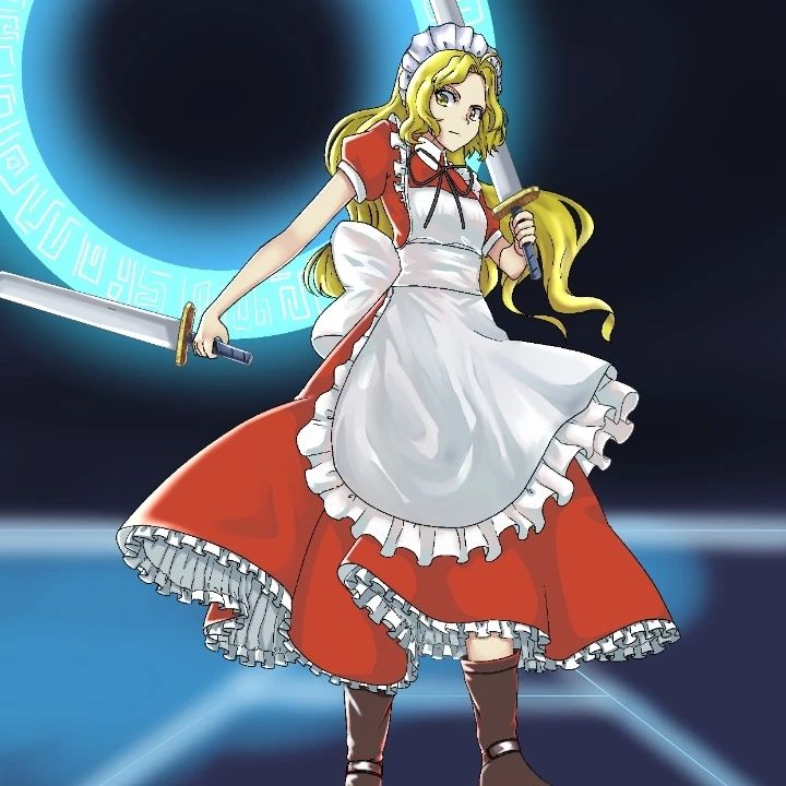 1girl apron blonde_hair bow dress kyoto_art_project long_hair maid maid_headdress makai_(touhou) multiple_swords mystic_square open_mouth puffy_short_sleeves puffy_sleeves red_dress ribbon short_sleeves solo sword touhou touhou_(pc-98) weapon yellow_eyes yumeko_(touhou)