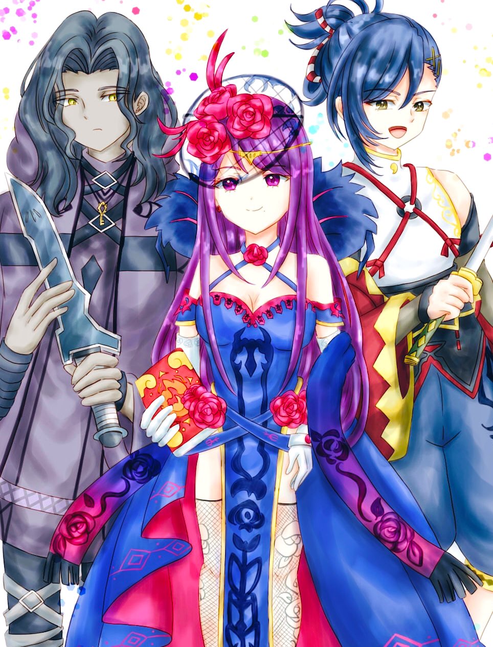 1girl 2boys black_hair blue_hair fascinator fire_emblem fire_emblem_engage fishnet_thighhighs fishnets highres ivy_(fire_emblem) kagetsu_(fire_emblem) multiple_boys nintendo pk_shinsato purple_eyes purple_hair see-through_clothes see-through_headwear thighhighs thorn_print yellow_eyes zelkov_(fire_emblem)