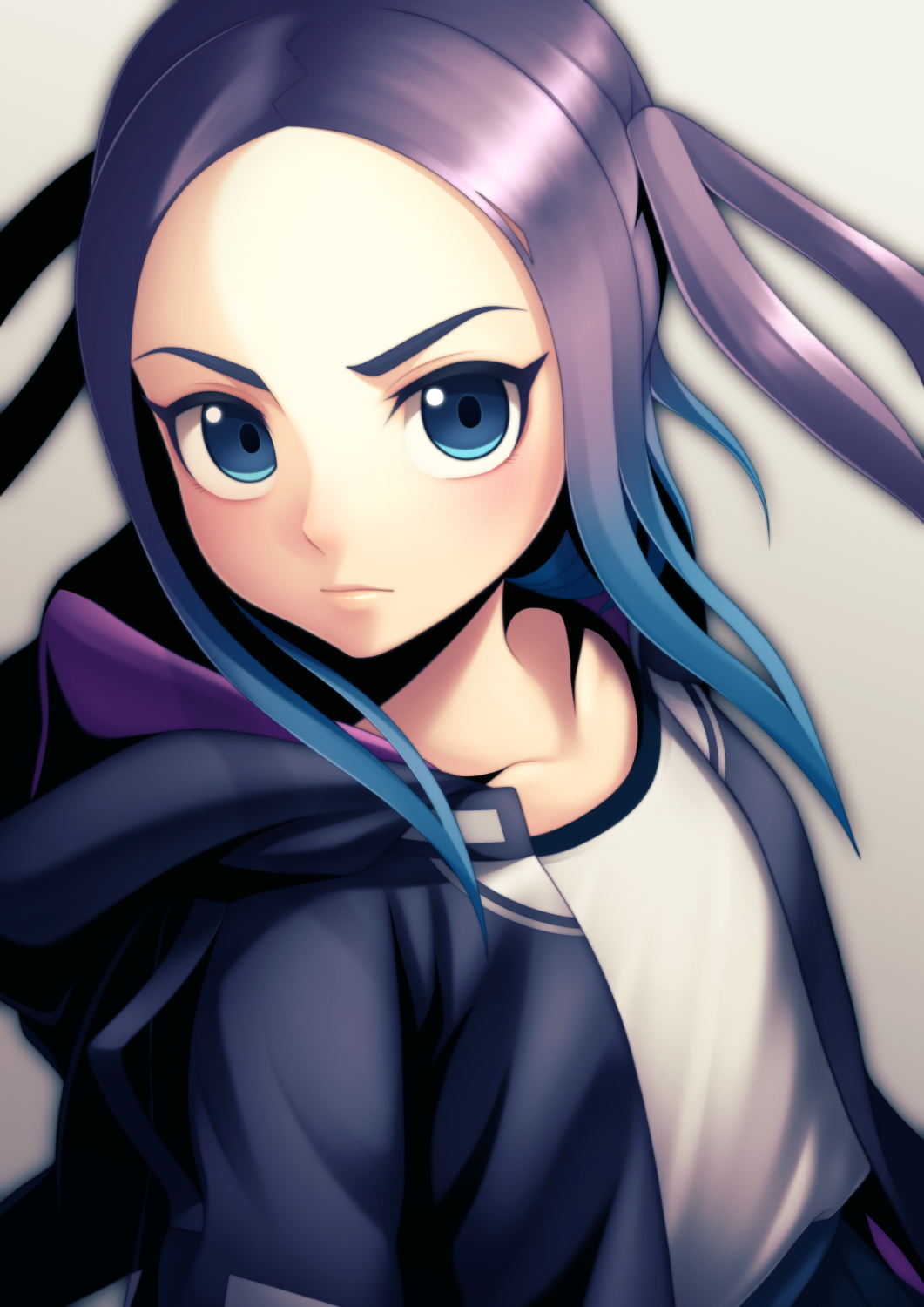 1girl arshem_laia blue_eyes blue_hair gradient_hair highres hood hood_down hooded_jacket jacket looking_at_viewer megaton_musashi multicolored_hair purple_hair shirt simple_background solo taba_neruko upper_body white_shirt