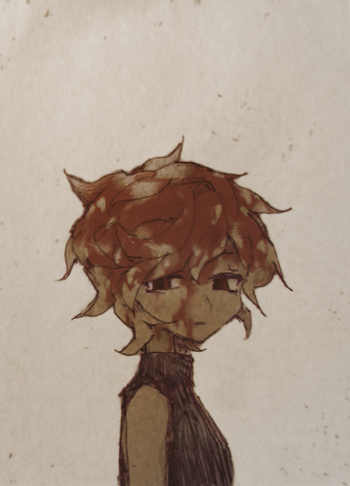 .flow 1girl black_shirt blood blood_in_hair blood_on_face commentary_request empty_eyes expressionless from_side half-closed_eyes katasu_yasumi limited_palette looking_at_viewer looking_to_the_side messy_hair red_eyes sabitsuki shirt short_hair sleeveless sleeveless_turtleneck solo turtleneck upper_body