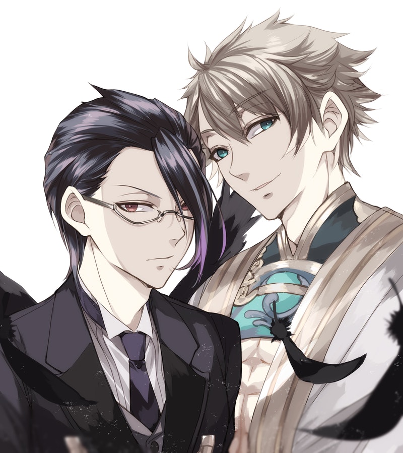 2boys aladdin_(sinoalice) aqua_eyes arabian_clothes armor black_hair black_wings blonde_hair breastplate butler closed_mouth commission feathered_wings feathers formal_clothes fringe_trim hameln_(sinoalice) happy looking_at_viewer male_focus misteor multicolored_hair multiple_boys necktie open_mouth purple_hair red_eyes serious short_hair simple_background sinoalice skeb_commission suit two-tone_hair white_background wings