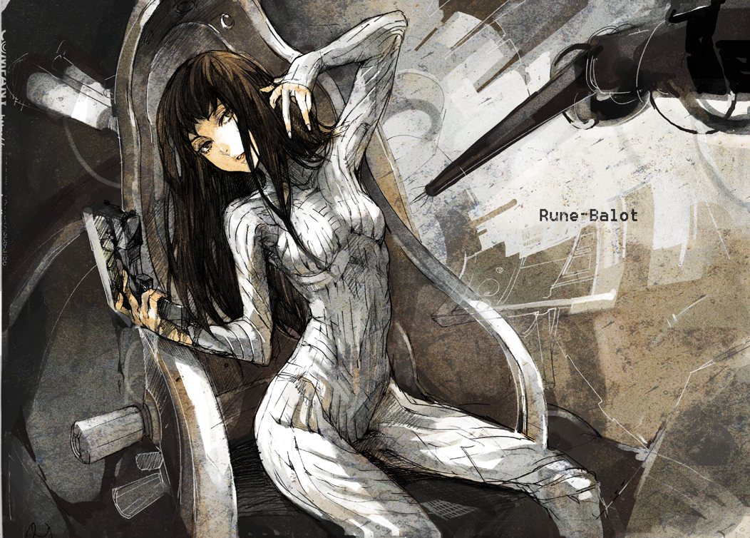 1girl bad_id bad_pixiv_id bodysuit brown_eyes brown_hair female_focus fishine gun handgun long_hair mardock_scramble pistol rune_balot sitting solo weapon