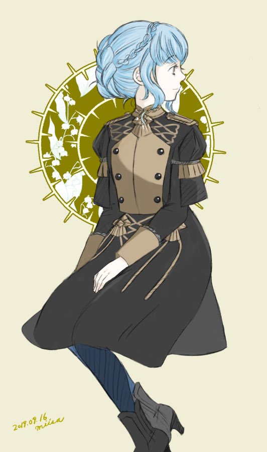 1girl blue_hair braid breasts brown_eyes closed_eyes closed_mouth crossed_legs crown_braid female_focus fire_emblem fire_emblem:_three_houses full_body garreg_mach_monastery_uniform hands_on_lap looking_back marianne_von_edmund miisa nintendo sitting smile solo
