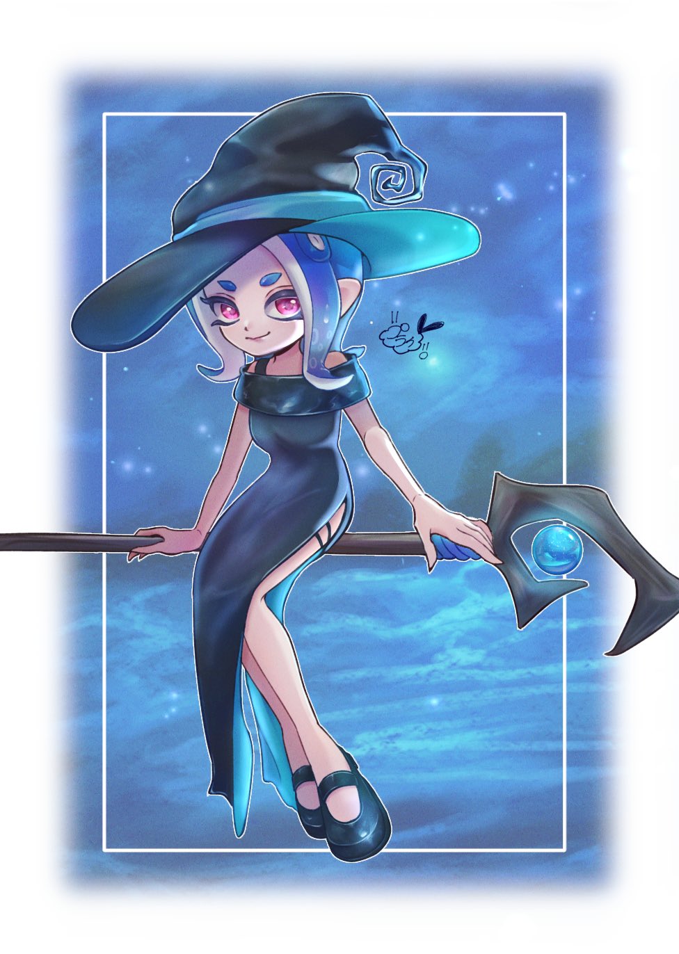 1girl black_dress black_hat blue_background blue_hair closed_mouth commentary_request dress eyelashes hat highres inset_border medium_hair nintendo octoling octoling_girl octoling_player_character outside_border p_ried_prawns red_eyes red_pupils smile solo splatoon_(series) splatoon_3 staff staff_riding tentacle_hair witch_hat