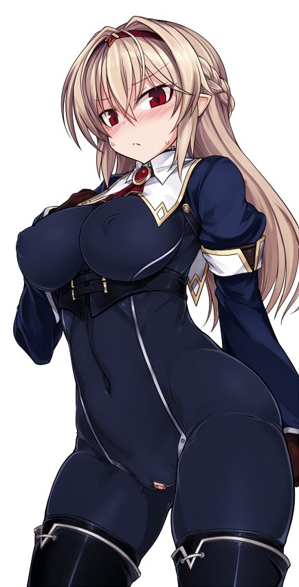1girl blonde_hair blush bodysuit boots braid breasts brown_gloves cameltoe clitoris clitoris_cutout covered_erect_nipples covered_navel exposed_clitoris female_focus gloves hairband huge_breasts lilia_(null) long_hair looking_at_viewer null_(nyanpyoun) original pointy_ears red_eyes simple_background solo sweatdrop thigh_boots thighhighs white_background