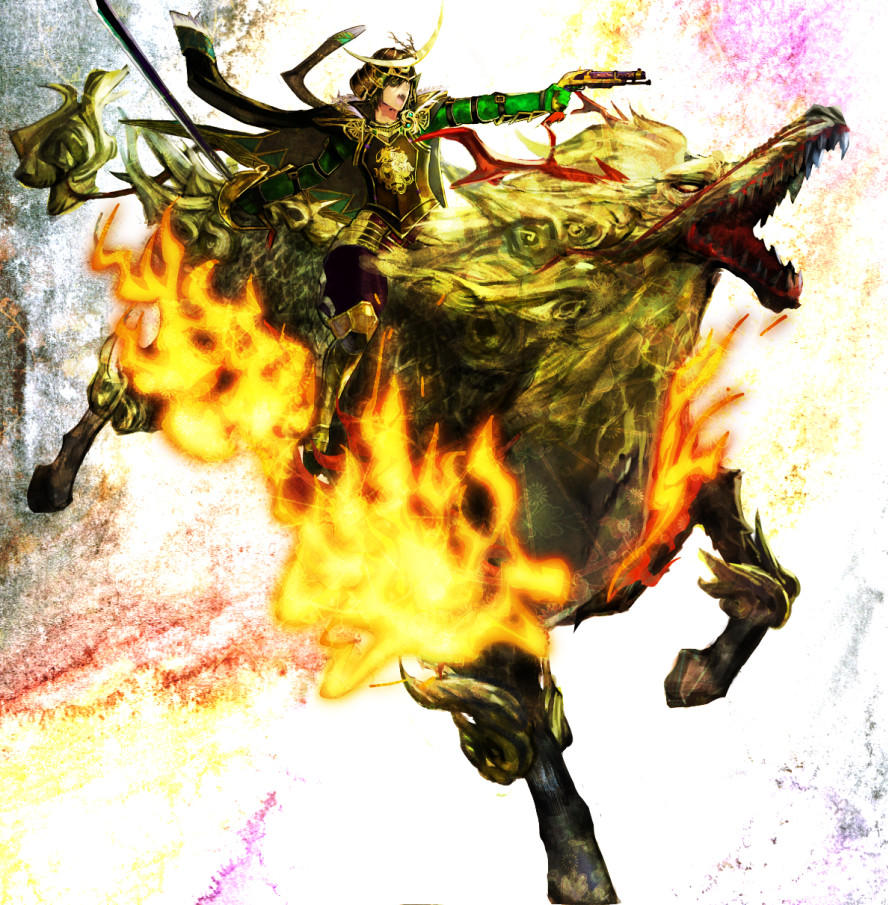 armor brown_eyes brown_hair date_masamune eyepatch fire gun handgun helmet horse male_focus pistol sengoku_musou swept_bangs sword weapon