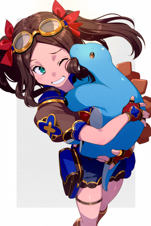 1girl blue_shorts blush breasts brown_gloves brown_hair dinosaur echo_(circa) fate/grand_order fate_(series) fingerless_gloves forehead gloves goggles green_eyes hair_ribbon leonardo_da_vinci_(fate) leonardo_da_vinci_(fate/grand_order) leonardo_da_vinci_(rider)_(fate) leonardo_da_vinci_(swimsuit_ruler)_(fate) long_hair one_eye_closed parted_bangs puffy_short_sleeves puffy_sleeves ribbon short_shorts short_sleeves shorts shrug_(clothing) sidelocks small_breasts thighs twintails