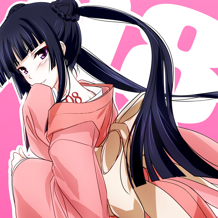 1girl black_hair blush countdown double_bun female_focus fushikawa_kokoro hair_bun hand_to_own_mouth japanese_clothes kawagishi_keitarou kimono long_hair looking_at_viewer looking_back maji_de_watashi_ni_koi_shinasai! smile smirk solo wagi