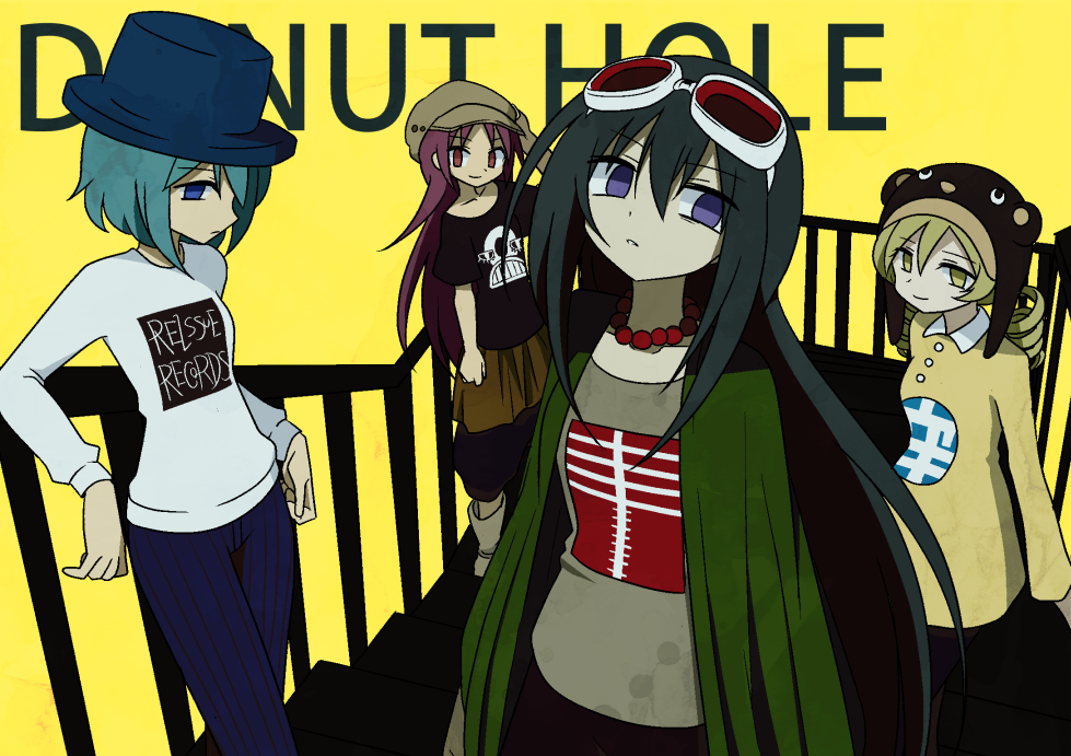 4girls against_railing akemi_homura arm_support beanie beret black_hair black_shirt blonde_hair blue_hair blue_pants boots copyright_name cosplay crossover donut_hole_(vocaloid) dress drill_hair goggles goggles_on_head green_jacket grey_shirt gumi gumi_(cosplay) hat hatsune_miku hatsune_miku_(cosplay) head_tilt jacket jewelry kagamine_rin kagamine_rin_(cosplay) long_hair long_sleeves looking_away mahou_shoujo_madoka_magica mahou_shoujo_madoka_magica_(anime) megurine_luka megurine_luka_(cosplay) miki_sayaka multiple_girls necklace pants parted_lips pearl_necklace pokki_(sue_eus) purple_eyes railing red_eyes red_hair sakura_kyoko shirt short_hair simple_background stairs tomoe_mami top_hat twin_drills vocaloid white_shirt yellow_background yellow_dress yellow_eyes