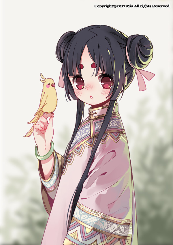 1girl animal bird bird_on_hand blush bracelet braid canary copyright_notice copyright_request eyelashes from_side holding holding_animal japanese_clothes jewelry looking_at_viewer mia0309 original twin_braids