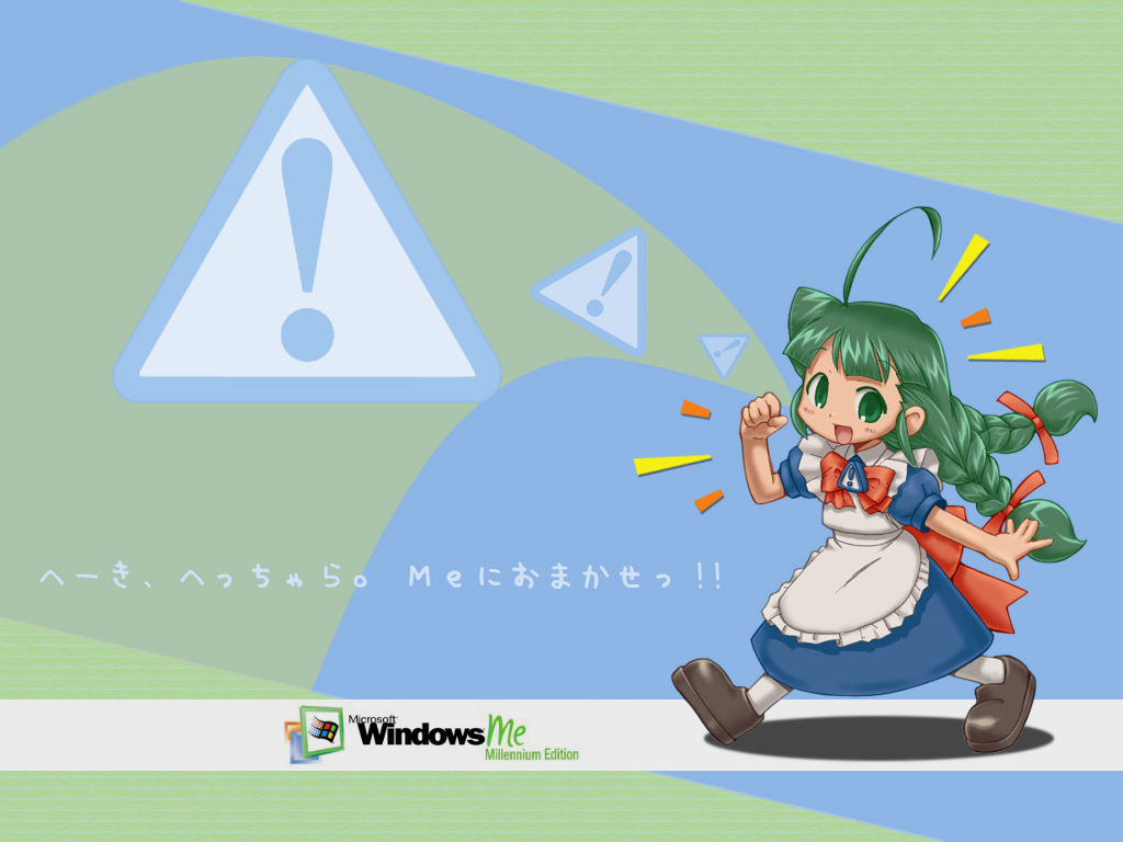 ! 1girl :d ahoge apron bow braid clenched_hand female_focus full_body green_eyes green_hair hair_bow long_hair looking_at_viewer maid maid_apron me-tan microsoft microsoft_windows open_mouth os-tan red_bow shadow shoes short_sleeves smile solo translation_request twin_braids walking white_legwear windows_classic windows_me wing_collar