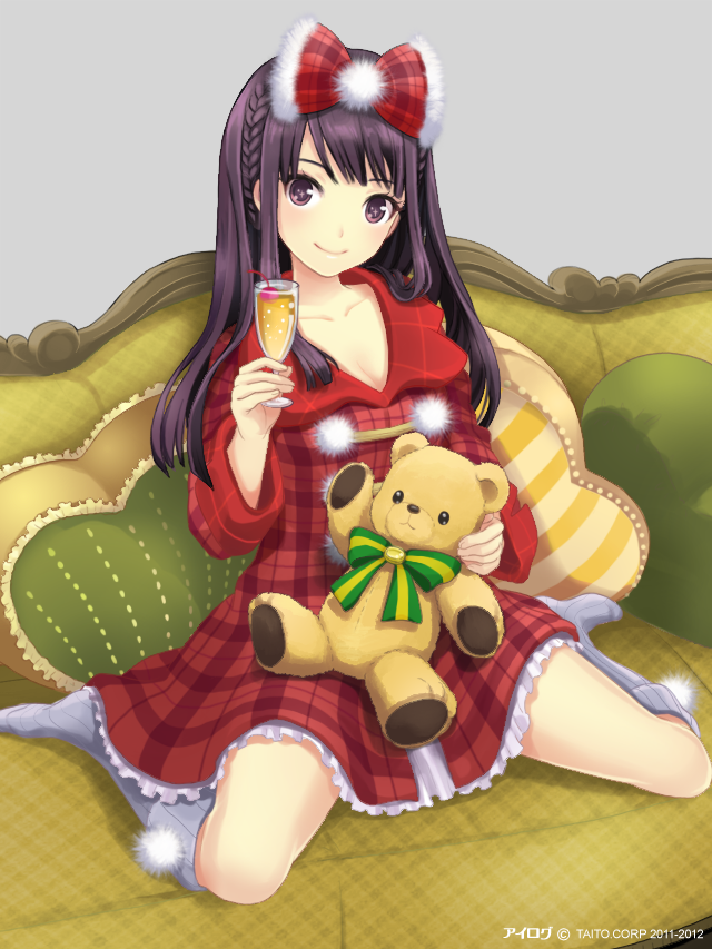 1girl alcohol black_eyes black_hair bow champagne champagne_glass cherry couch dress female_focus food fruit glass green_upholstery hair_bow hair_ornament holding ikura_shizuku ilog long_hair occhan_(11715) official_art patterned_upholstery plaid_clothes plaid_dress red_dress sitting smile socks solo stuffed_animal stuffed_toy teddy_bear wariza white_socks