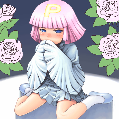 1girl blue_eyes blue_shoes blunt_bangs blush bob_cut covering_own_mouth dress female_focus flower full-face_blush letter long_sleeves lowres noise_(tsuzuki) oekaki patalliro! pink_hair pleated_dress pulara rose shoes short_dress silver_dress sitting sleeves_past_wrists socks solo wariza white_socks wide_sleeves