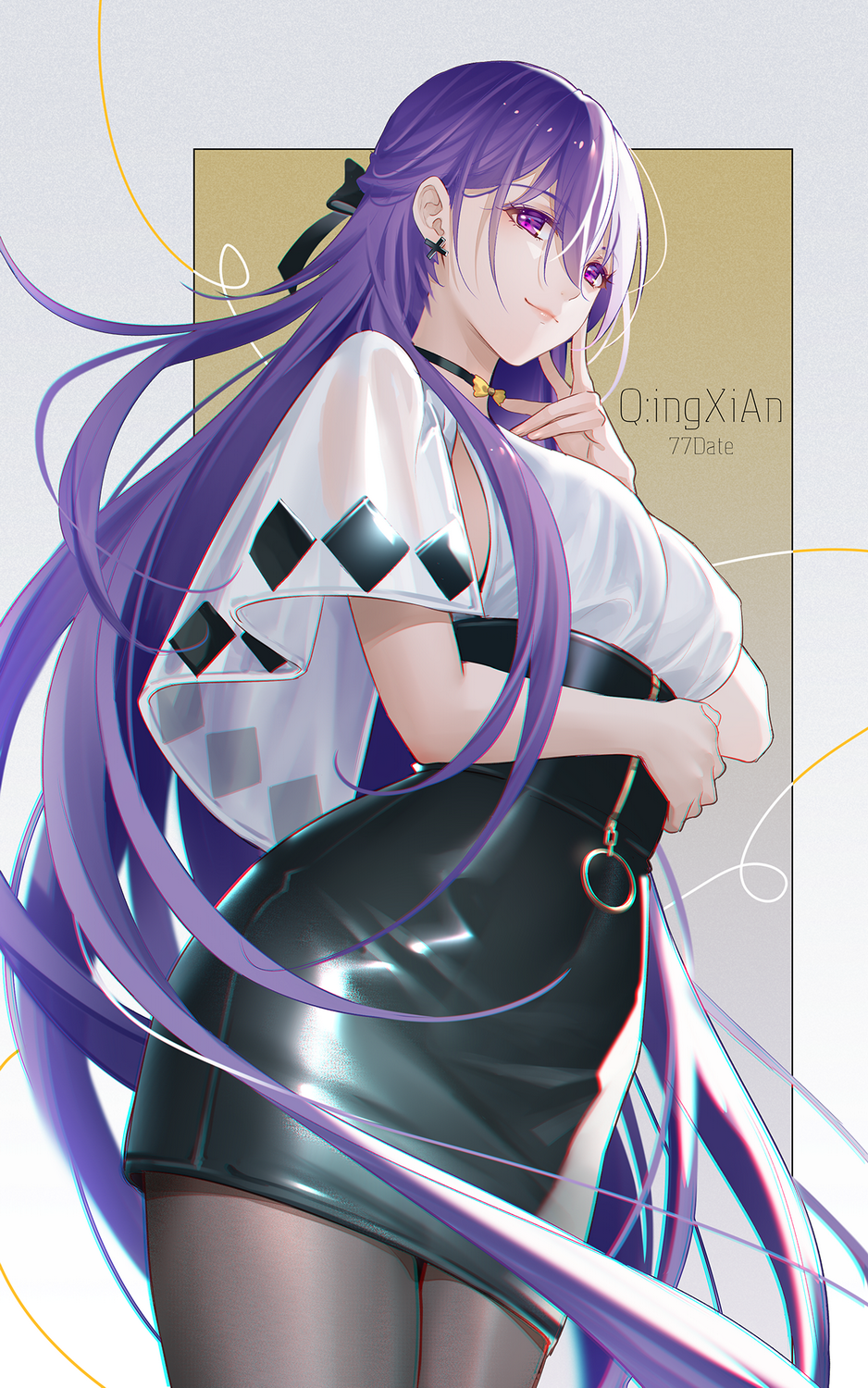 1girl black_bow black_pantyhose black_skirt bow breasts character_name chinese_commentary chromatic_aberration closed_mouth commentary cowboy_shot finger_to_face from_side grey_background hair_between_eyes hair_bow hand_on_own_cheek hand_on_own_face hand_on_own_stomach high-waist_skirt highres large_breasts leather leather_skirt long_hair looking_at_viewer mo_qingxian official_art pantyhose pencil_skirt purple_eyes purple_hair shirt shirt_tucked_in short_sleeves skirt smile solo tidsean very_long_hair vocaloid vsinger_(vocaloid) white_shirt