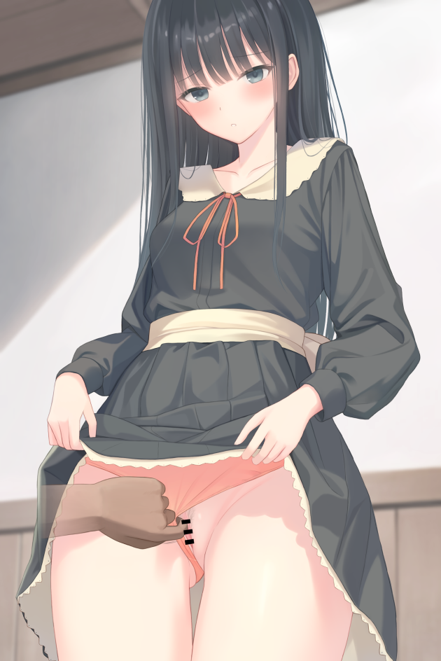 1boy 1girl black_dress black_hair blush breasts censored clothes_lift clothing_aside collared_dress dress exhibitionism flashing flowers_(innocent_grey) green_eyes hetero innocent_grey lifting_own_clothes long_hair long_sleeves medium_breasts mizuno-go neck_ribbon orange_panties orange_ribbon panties panties_aside pleated_dress public_indecency pulling_own_clothes ribbon school_uniform shirahane_suou skirt skirt_lift underwear