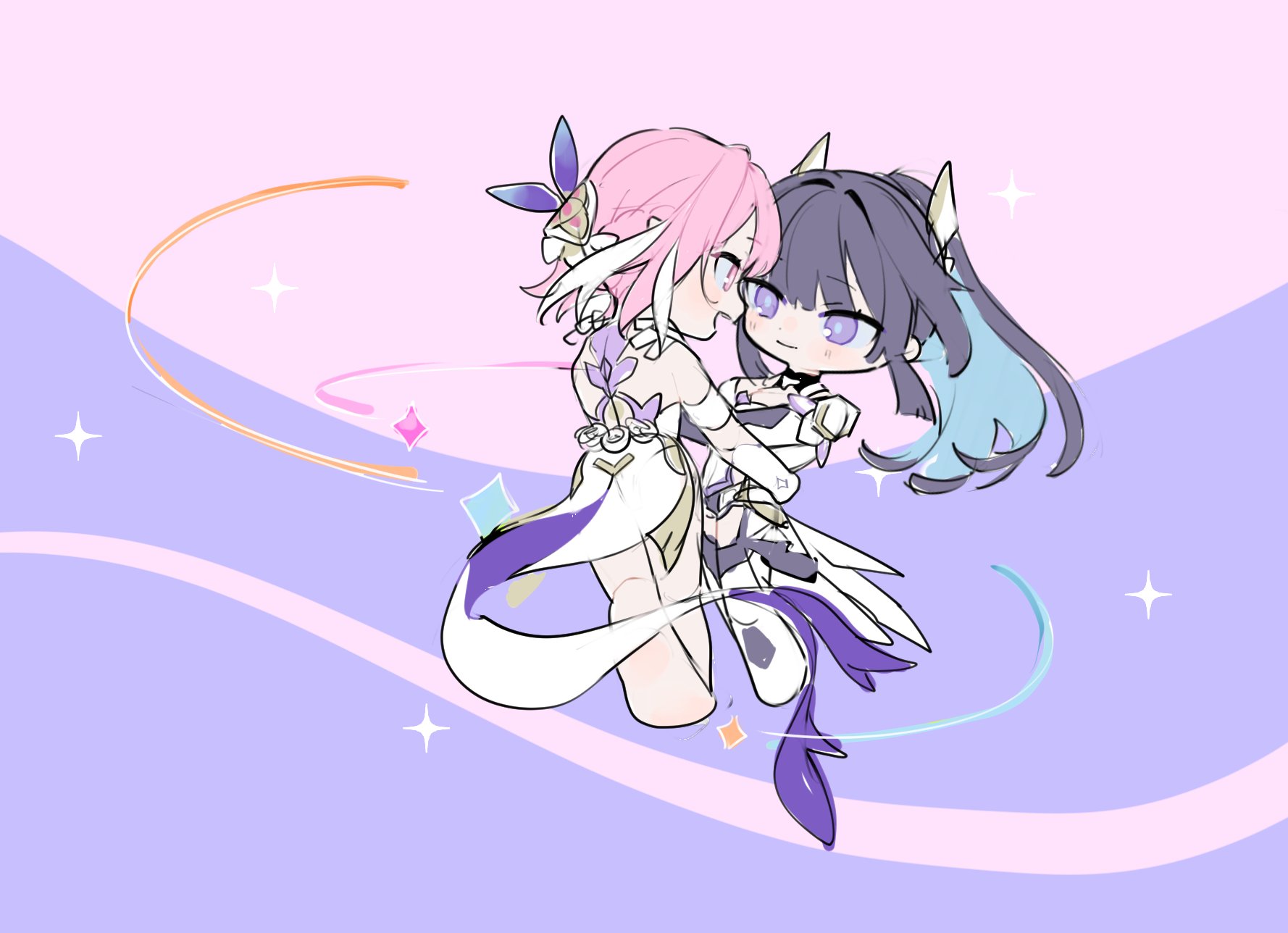 2girls bare_legs barefoot blue_hair chibi chibi_only colored_inner_hair commentary corset elysia_(herrscher_of_human:_ego)_(honkai_impact) elysia_(honkai_impact) fake_horns gloves highres honkai_(series) honkai_impact_3rd horns long_hair looking_at_viewer multicolored_hair multiple_girls pink_hair purple_eyes purple_hair raiden_mei raiden_mei_(herrscher_of_origin) roena short_hair star_(symbol) two-tone_background two-tone_hair white_corset white_gloves yuri